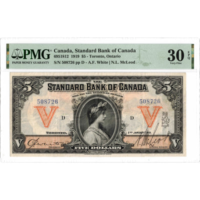 SOLD $5 1919 Standard Bank of Canada Chartered Note #695-18-12 - PMG VF-30 EPQ