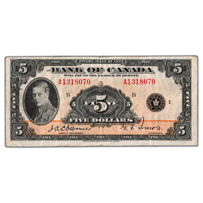 SOLD $5 1935 Bank of Canada Note English Text BC-5 - Fine+