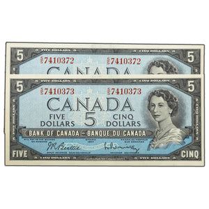 SOLD $5 1954 Bank of Canada Notes S/S Prefix BC-39b - 2 Consecutive - AU