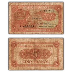 SOLD Rwanda-Burundi 1961 5 Five Francs Note P #1a
