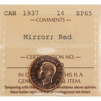 Canada 1937 One Small Cent Mirror Specimen Coin - ICCS SP-65 Red