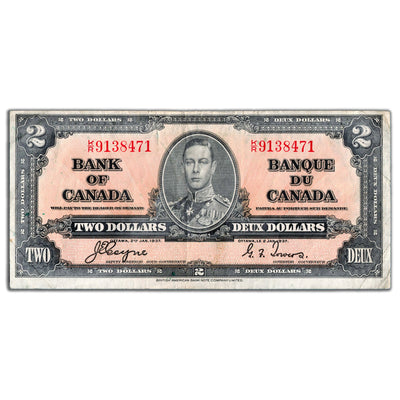 $2 1937 Bank of Canada Note Coyne-Towers K/R Prefix BC-22c - VF
