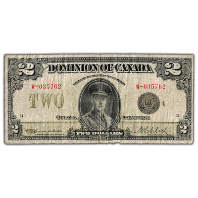 SOLD $2 1923 Dominion of Canada Note Black Seal Series W DC-26I - Fine