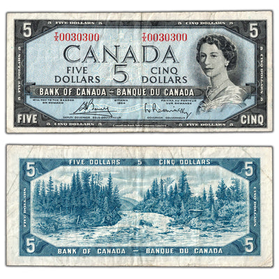 $5 1954 Bank of Canada Note T/X Prefix 2 Digit Radar 0030300 BC-39c - Circulated