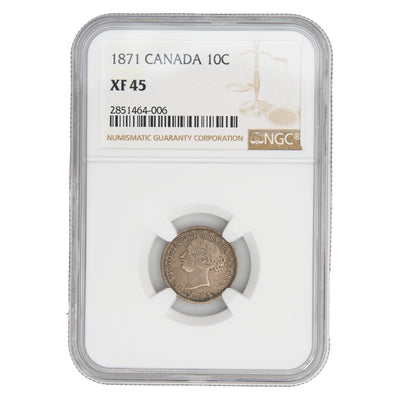 Canada 1871 10 Cents Dime Silver Coin - NGC XF-45