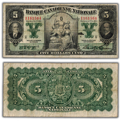 SOLD $5 1929 Banque Canadienne Nationale Chartered Note CH #85-12-02 - Fine