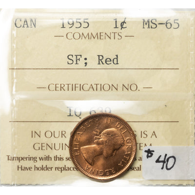 SOLD Canada 1955 SF 1 Small Cent Coin - ICCS MS-65 Red