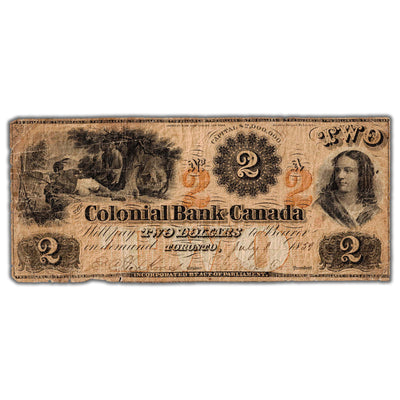 SOLD $2 1859 Colonial Bank of Canada Note #130-10-02-04 - Pinholes/Nicks