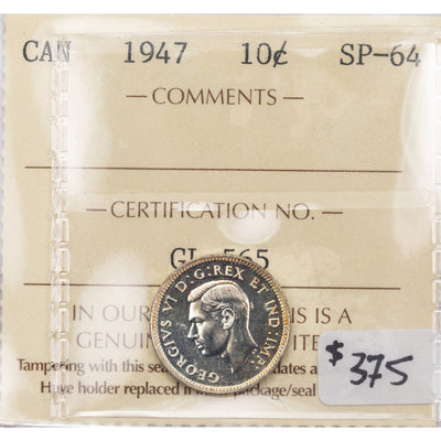 SOLD Canada 1947 10 Cents Dime Silver Coin - ICCS Specimen SP-64