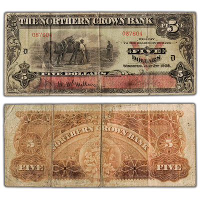 SOLD $5 1908 The Northern Crown Bank Canada Chartered Note #545-10-02