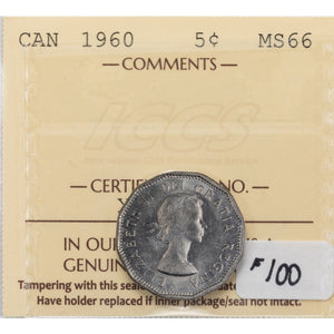 SOLD Canada 1960 5 Cents Nickel Coin - ICCS MS-66