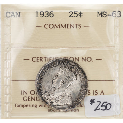 SOLD Canada 1936 25 Cents Quarter Silver Coin - ICCS MS-63