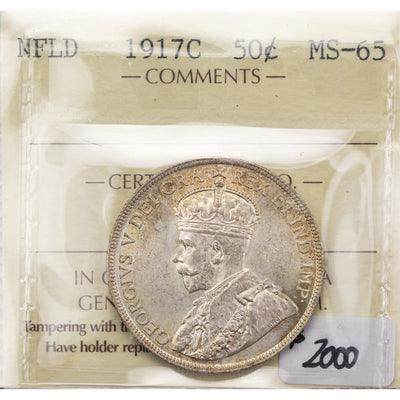 SOLD Newfoundland 1917 50 Cents Silver Coin - ICCS MS-65