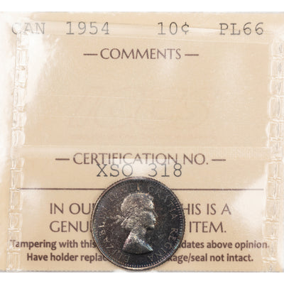 Canada 1954 10 Cents Dime Silver Coin - ICCS Proof-Like PL-66