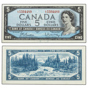 SOLD $5 1954 Bank of Canada Note Beattie-Rasminsky L/X Prefix BC-39b - Crisp EF/AU