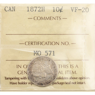 Canada 1872-H 10 Cents Dime Silver Coin - ICCS VF-20