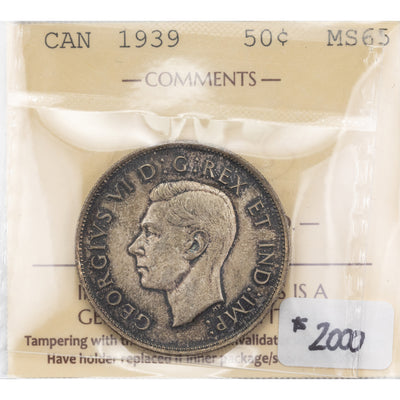 SOLD Canada 1939 50 Cents Half Dollar Silver Coin - ICCS MS-65