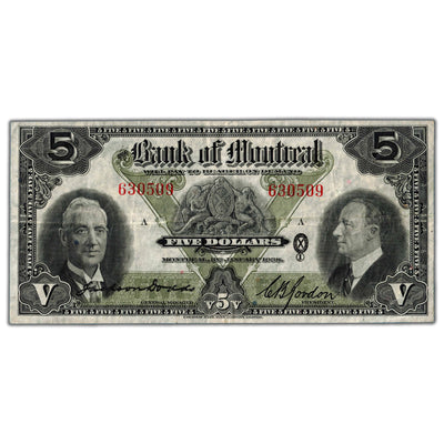 $5 1938 Bank of Montreal Canada Chartered Note #505-62-02 - F/VF