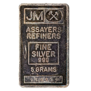 SOLD Johnson Matthey JM 5 Gram .999 Silver Bar - Scratched