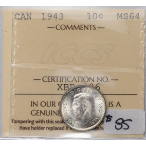 SOLD Canada 1943 10 Ten Cents Silver Coin - ICCS MS-64
