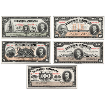 $5-100 1922 La Banque Nationale Canada 5-Note Specimen Set