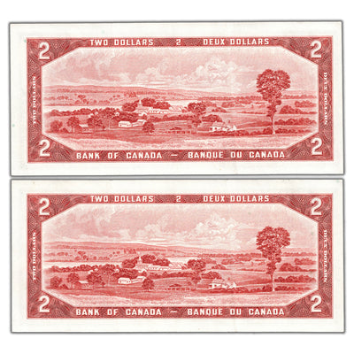 SOLD $2 1954 Bank of Canada Notes Beattie-Coyne O/B Prefix BC-38a - 2 Consecutive AU