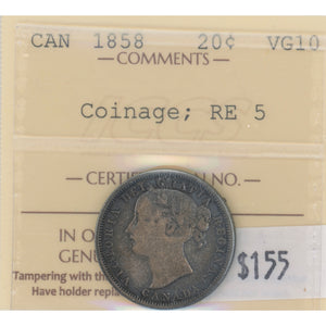 SOLD Canada 1858 Re-Engraved 5 20 Cents Silver Coin - ICCS VG-10