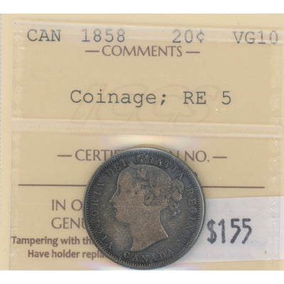 SOLD Canada 1858 Re-Engraved 5 20 Cents Silver Coin - ICCS VG-10