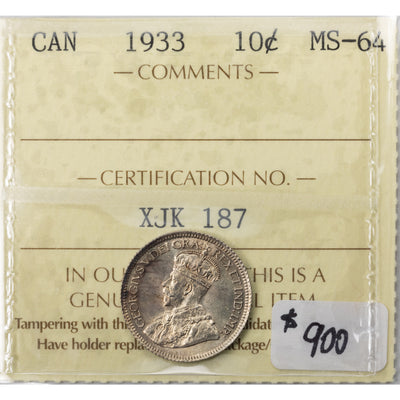 SOLD Canada 1933 10 Ten Cents Silver Coin - ICCS MS-64