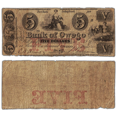 United States 1864 $5 The Bank of Owego Note - Circulated