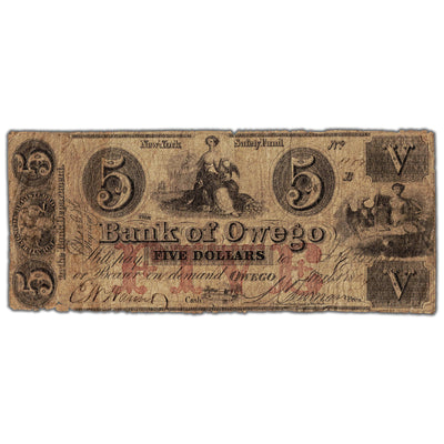 United States 1864 $5 The Bank of Owego Note - Circulated