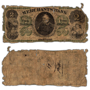 SOLD United States 1860's $2 The Merchants Bank Note - Low Grade Filler