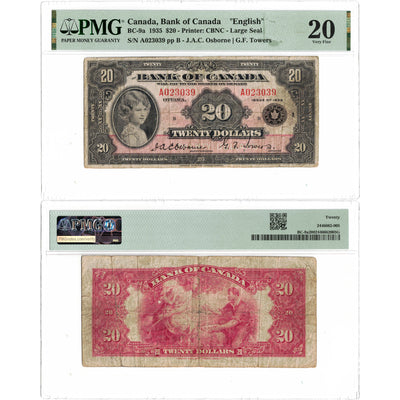 SOLD $20 1935 Bank of Canada Note English Text Large Seal BC-9a - PMG VF-20
