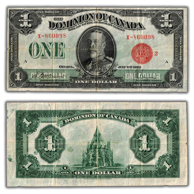 SOLD $1 1923 Dominion of Canada Note ROTATOR Serial Red Seal DC-25g - Minor Edge Tear