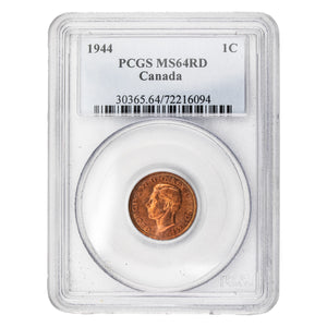 Canada 1944 1 Small Cent Coin - PCGS MS-64 Red