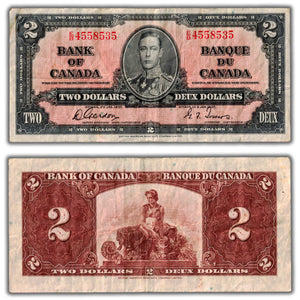 SOLD $2 1937 Bank of Canada Note Gordon-Towers E/B Prefix BC-22b - F/VF (pinhole)