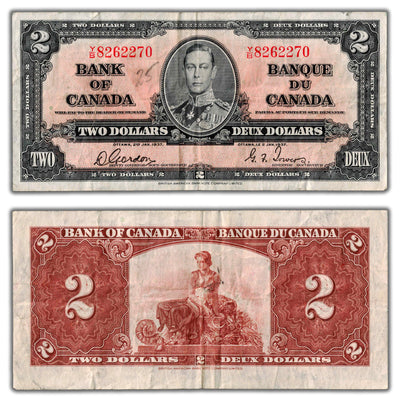 $2 1937 Bank of Canada Note Gordon-Towers Y/B Prefix BC-22b - Writing