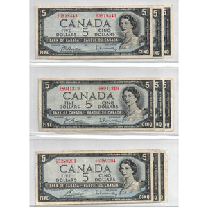 SOLD Lof of 9 $5 1954 Bank of Canada Notes - All Circulated Grades
