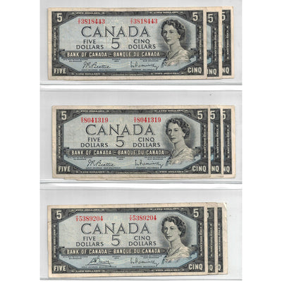 SOLD Lof of 9 $5 1954 Bank of Canada Notes - All Circulated Grades