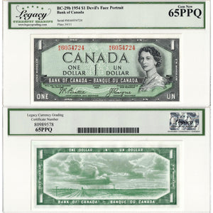 SOLD $1 1954 Bank of Canada Note Devil Face M/A Prefix BC-29b - Legacy Gem UNC-65 PPQ