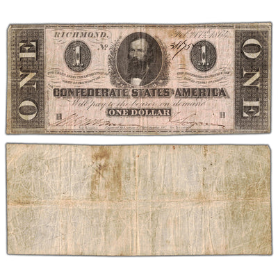 SOLD United States 1864 Confederate States of America $1 One Dollar Note T-71 - Circulated