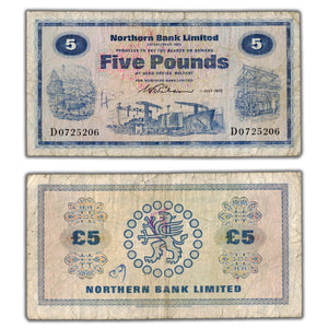 SOLD Ireland Northern Bank Limited 1970 5 Five Pounds Note - Light Writing