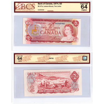 SOLD $2 1974 Bank of Canada Note Lawson-Bouey UA Prefix BC-47a - BCS Ch UNC-64