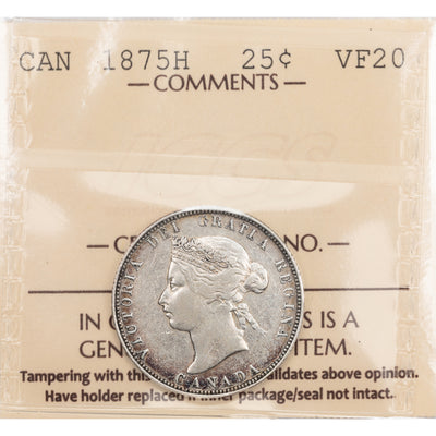 SOLD Canada 1875-H 25 Cents Quarter Silver Coin - ICCS VF-20