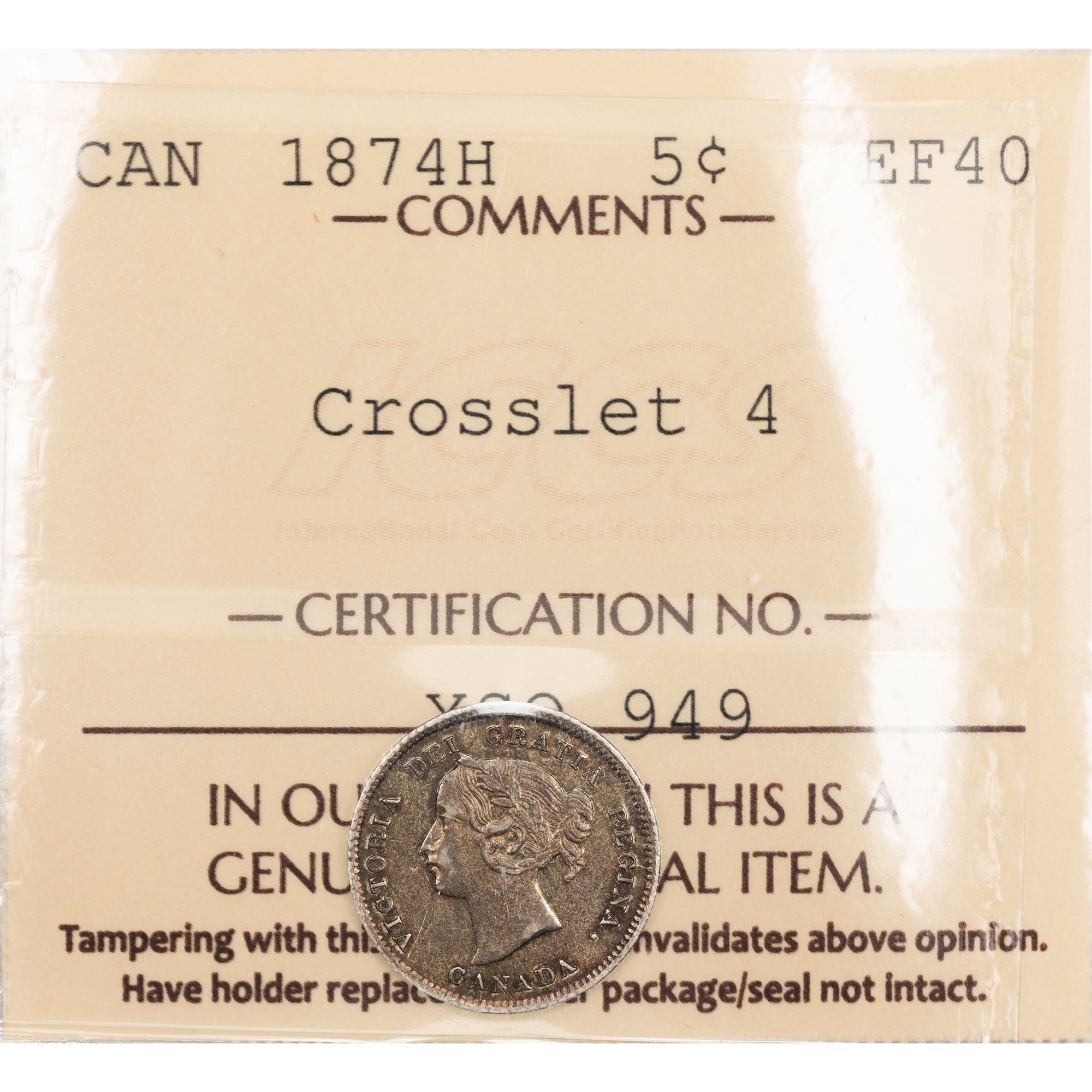SOLD Canada 1874-H Crosslet 4 5 Cents Silver Coin - ICCS EF-40 - The ...