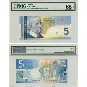 SOLD $5 2006 Bank of Canada Note Jenkins-Dodge APM Prefix BC-67a - PMG UNC-65 EPQ