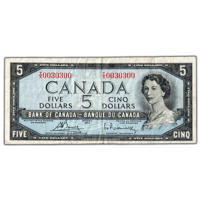 $5 1954 Bank of Canada Note T/X Prefix 2 Digit Radar 0030300 BC-39c - Circulated