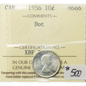 SOLD Canada 1956 Dot 10 Cents Dime Silver Coin - ICCS MS-66 Tied Finest