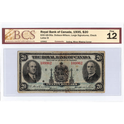 SOLD $20 1935 Royal Bank of Canada Chartered Note #630-18-06a - BCS F-12