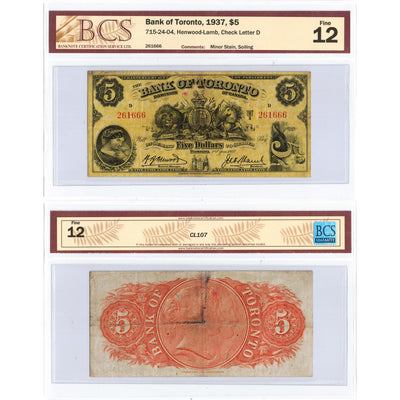 SOLD $5 1937 Bank of Toronto Canada Chartered Note #715-24-04 - BCS F-12